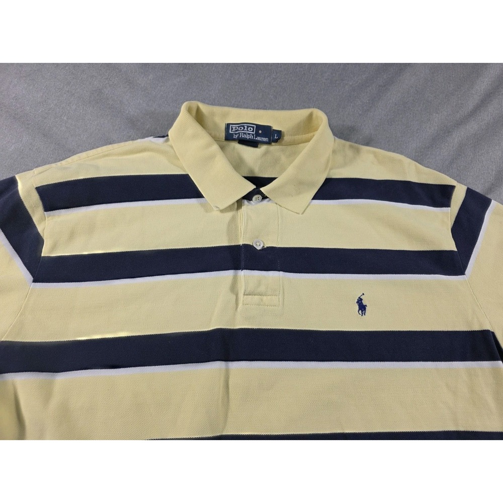 Polo Ralph Lauren Men Large Yellow Blue Stripe‎ Pique Polo Shirt Casual Preppy